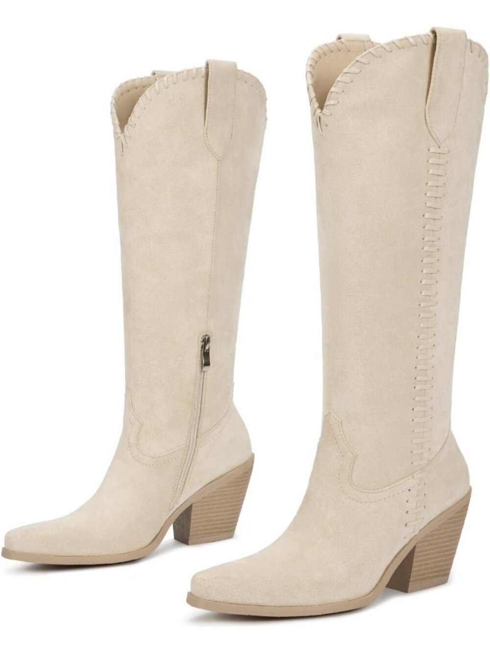 Women's Beige Cowgirl Boots with Floral Embroidered Pointed Toe Chunky Heel Boot